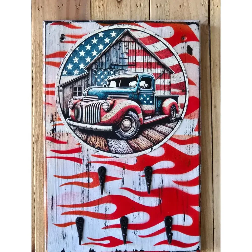 Classic Truck Sign / Key Holder, Vintage Look, Solid Wood w/ Metal Sign, 5 Hooks